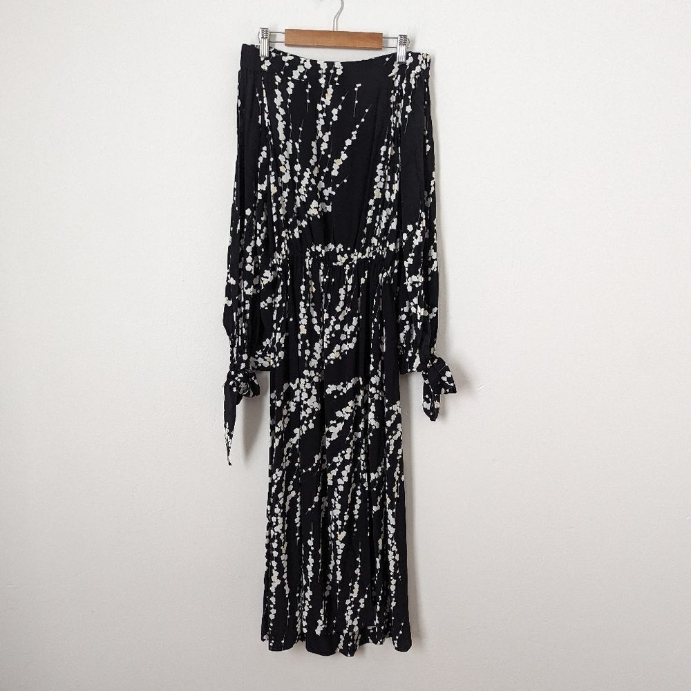 SWF black white blossom print off shoulder open tie long sleeve midi dress